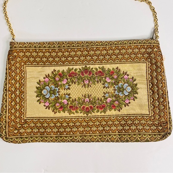 vintage italian metallic tapestry bag gold tone chain strap 10.5x6.5 inch - Picture 2 of 12